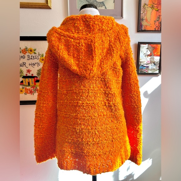 Vintage 70s Orange Bouclé Knit Hoodie Sweater M Medieval Revival Cottagecore - Picture 6 of 8
